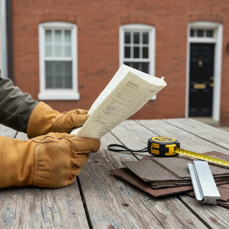 Philadelphia Department of Licenses and Inspections building exterior with a contractor and homeowner reviewing paperwork on a clipboard outside a row home under repair