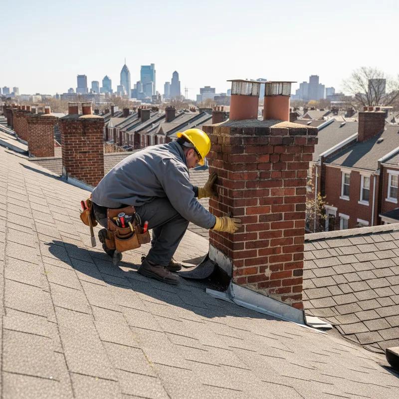 Philadelphia homeowner reviewing a written roofing estimate at a kitchen table with photos of roof damage spread out alongside, preparing to make repair decisions