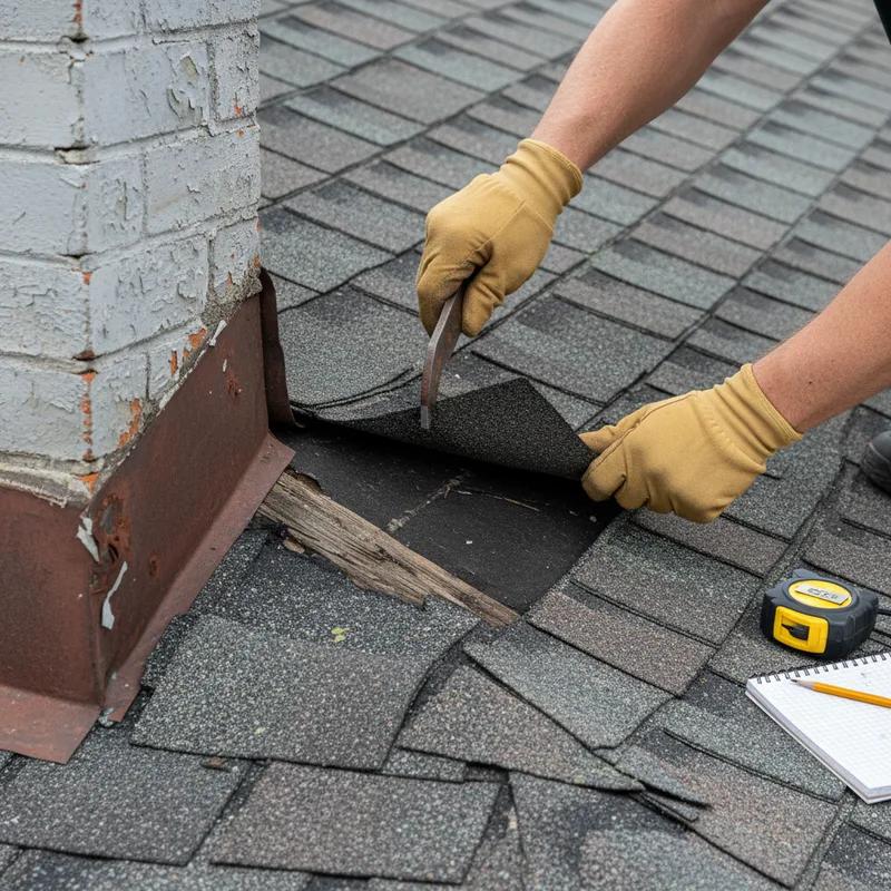 A roofer inspecting a row home's roof for damage and wear in a Philadelphia neighborhood.