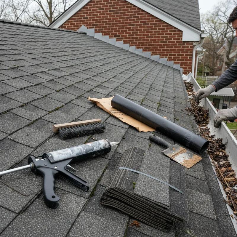 A homeowner cleaning gutters on a Philadelphia row house, preparing for spring weather.