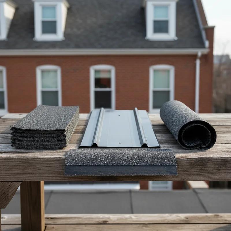 Various roofing materials on display, including asphalt shingles and metal panels, suitable for storm resistance.