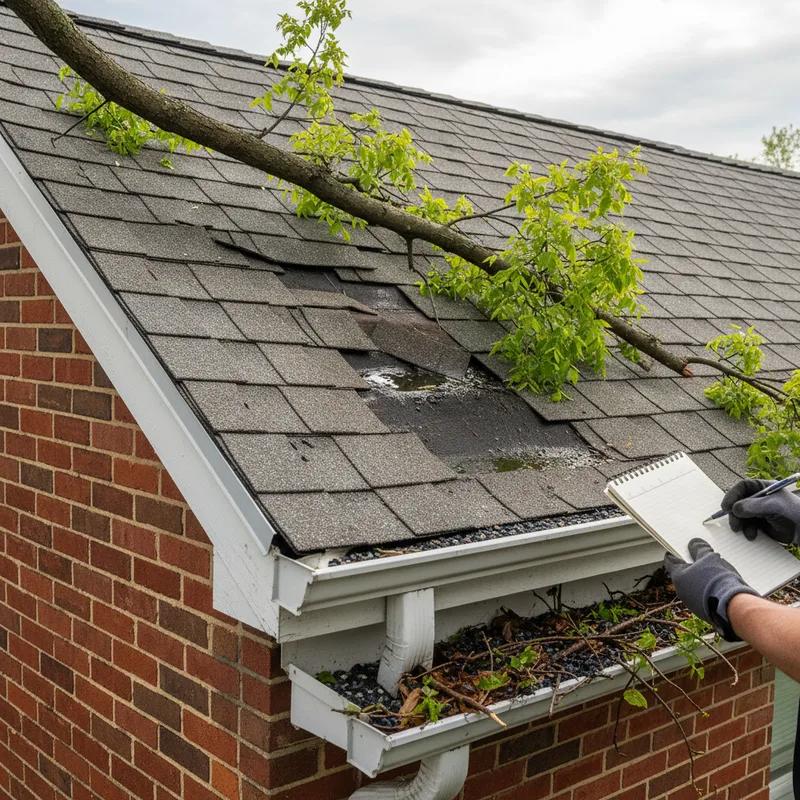 A homeowner examining their roof for damage after a spring storm in Philadelphia.