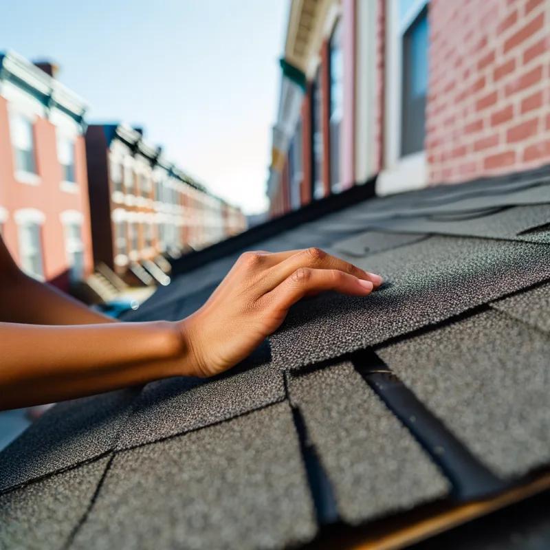 A roofer inspecting a row home's roof for damage and wear in a Philadelphia neighborhood.