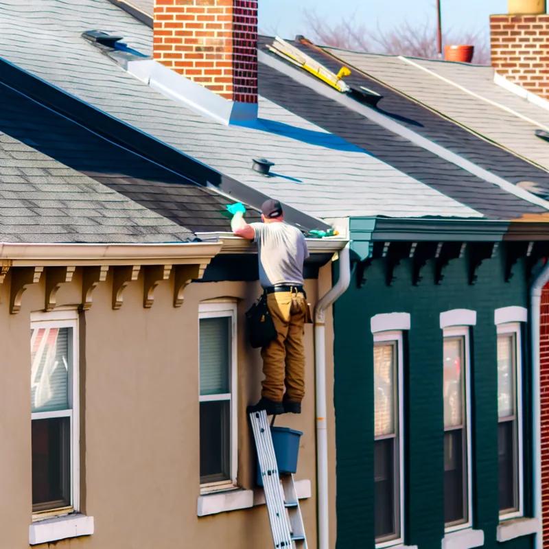 A homeowner cleaning gutters on a Philadelphia row house, preparing for spring weather.