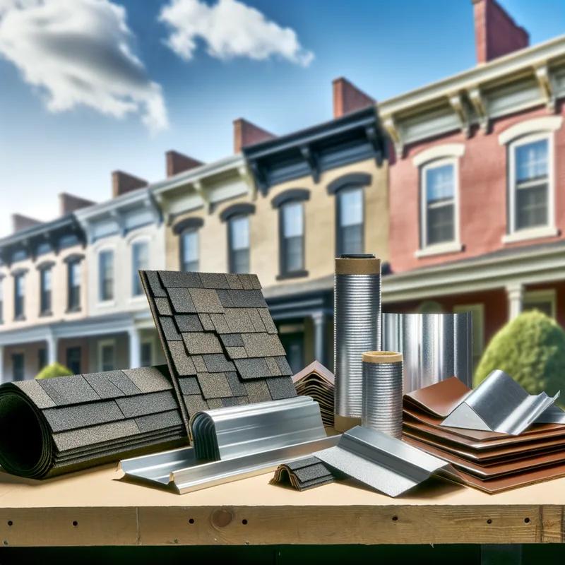 Various roofing materials on display, including asphalt shingles and metal panels, suitable for storm resistance.