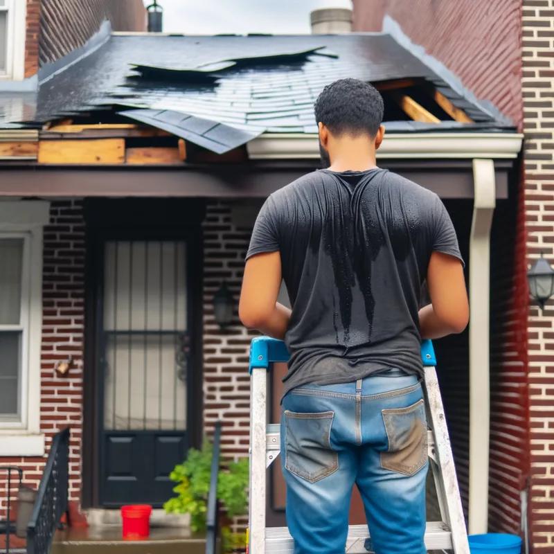 A homeowner examining their roof for damage after a spring storm in Philadelphia.