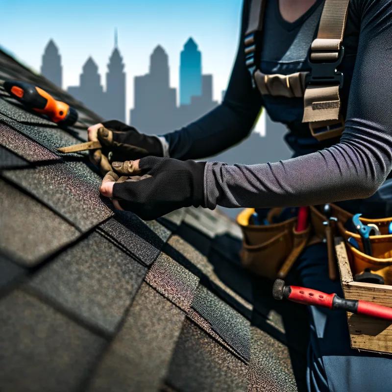 A roofing contractor inspecting the shingles and gutters of a Philadelphia row home roof.