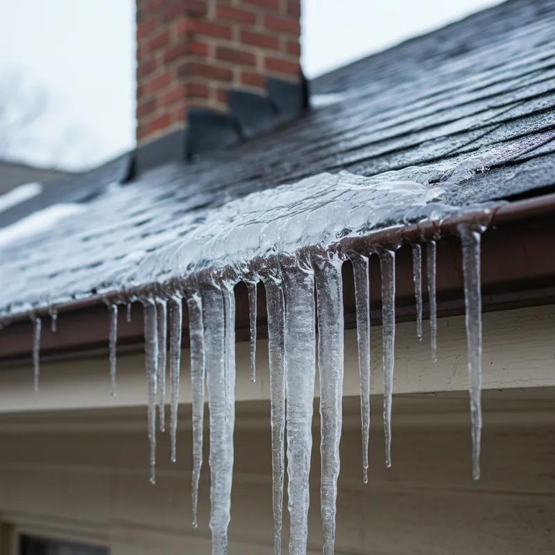A close-up of a roof edge with a visible ice dam and icicles, illustrating the importance of proper insulation and ventilation.