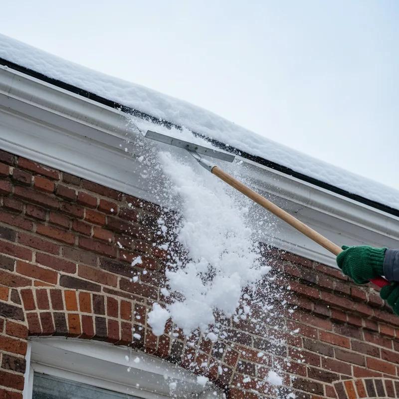 A homeowner using a roof rake to remove snow from a sloped roof, ensuring safety by staying on the ground.
