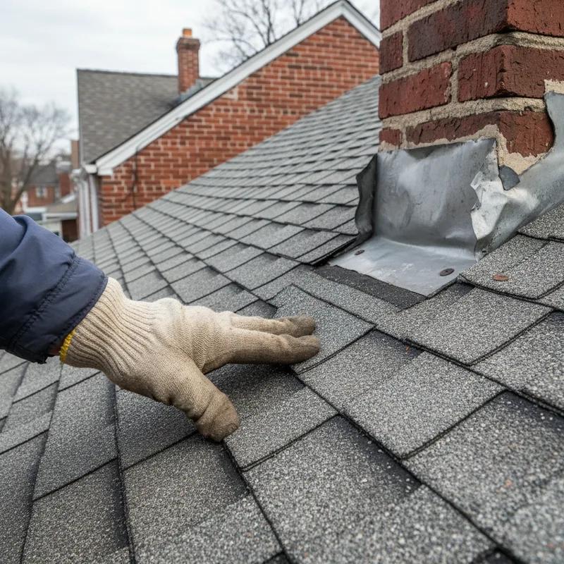 A professional roofing contractor inspecting a Philadelphia roof, focusing on shingles and gutter areas for potential winter damage.