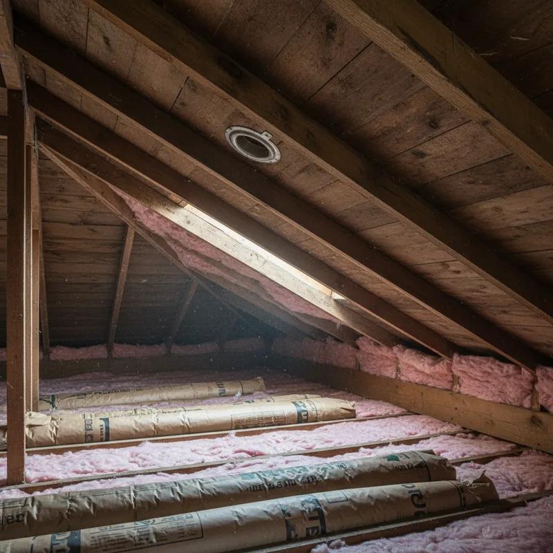 An attic with newly installed insulation and vents, illustrating improvements made for winter roof protection.