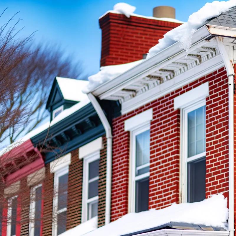 A Philadelphia row home roof covered in snow during winter, highlighting potential areas for ice dam formation.