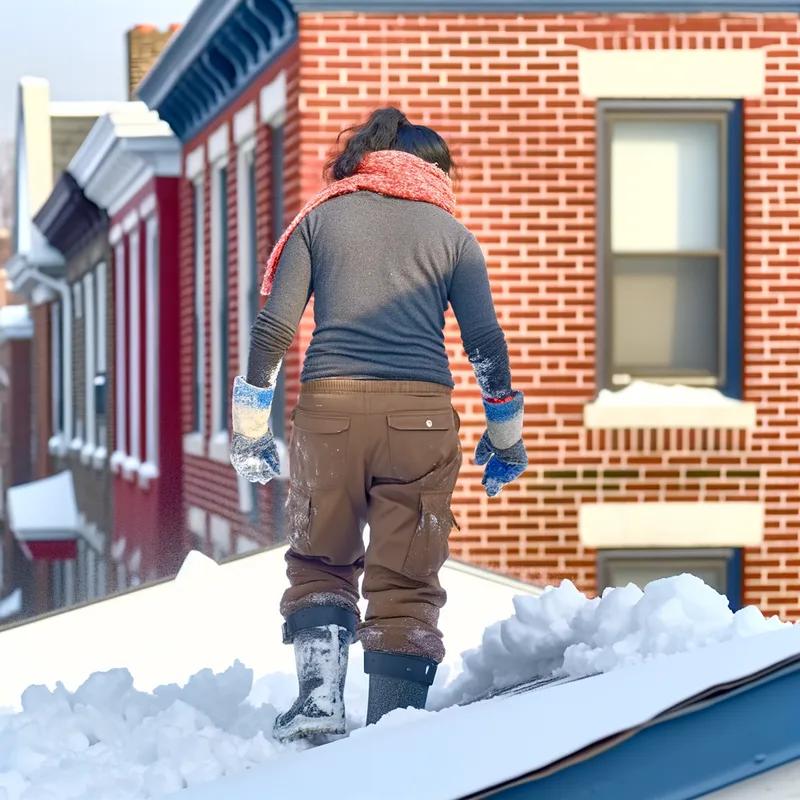 A homeowner using a roof rake to remove snow from a sloped roof, ensuring safety by staying on the ground.