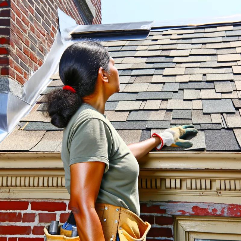 A professional roofing contractor inspecting a Philadelphia roof, focusing on shingles and gutter areas for potential winter damage.