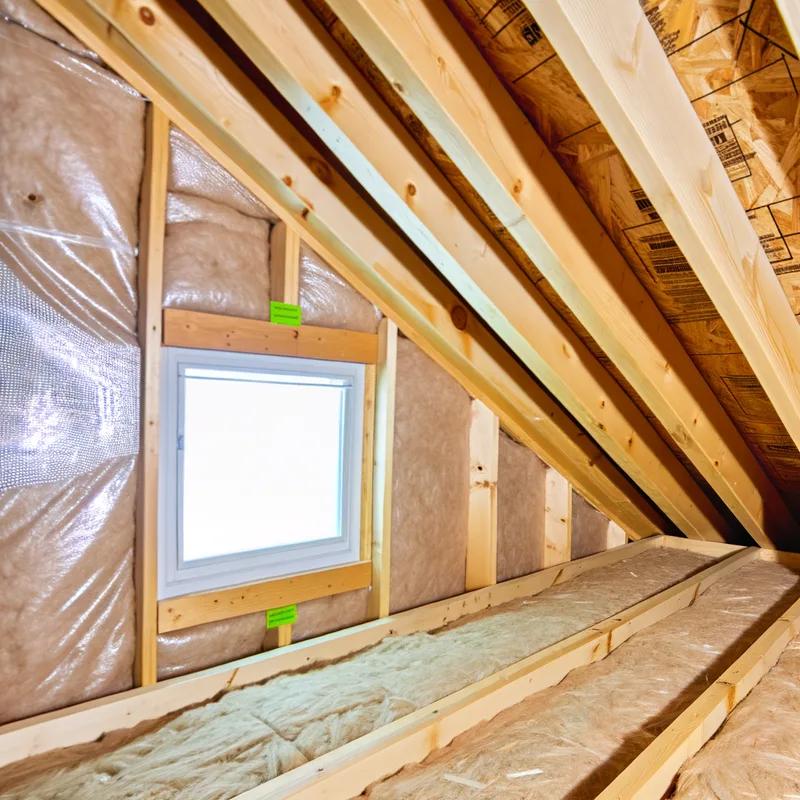 An attic with newly installed insulation and vents, illustrating improvements made for winter roof protection.