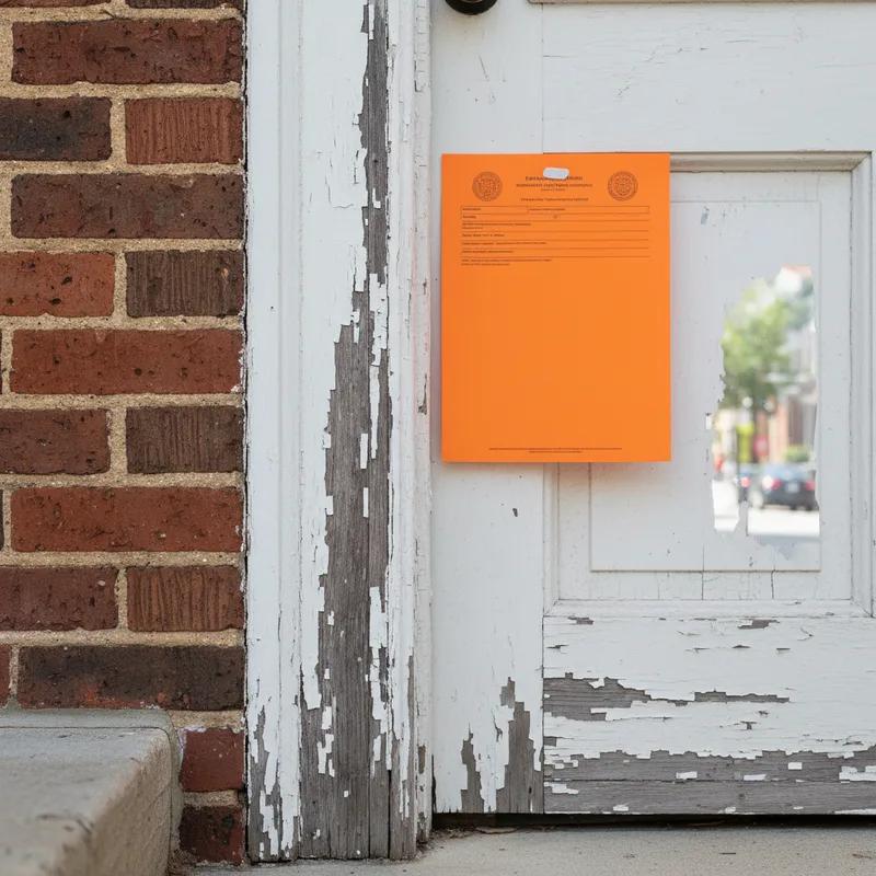 A Philadelphia Department of Licenses and Inspections building permit posted on the front of a row home during a roofing project
