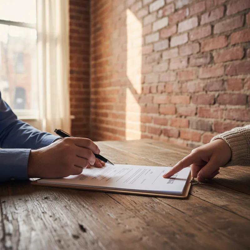 A Philadelphia homeowner consulting with a consumer protection attorney, with roofing contract documents and photos of incomplete work spread on a desk