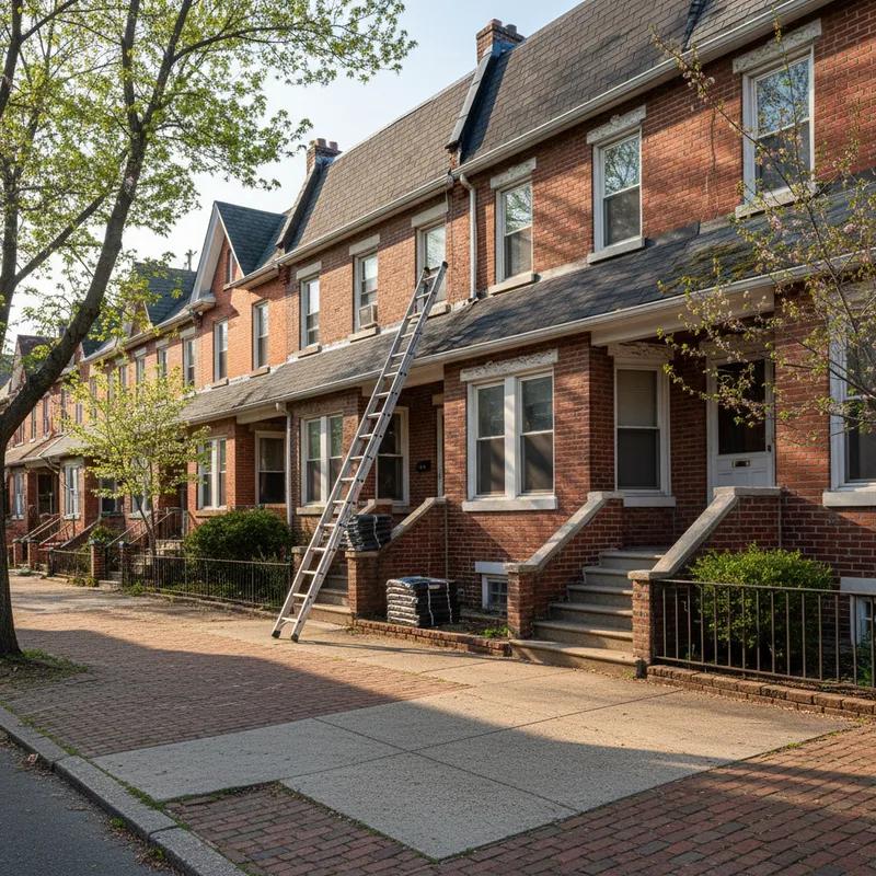 A licensed Philadelphia roofing contractor reviewing a detailed written estimate with a homeowner on the front steps of a brick row home in spring
