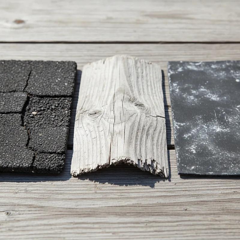 Close-up comparison of UV-damaged asphalt shingles with missing granules next to a well-maintained shingle on a Philadelphia row home roof