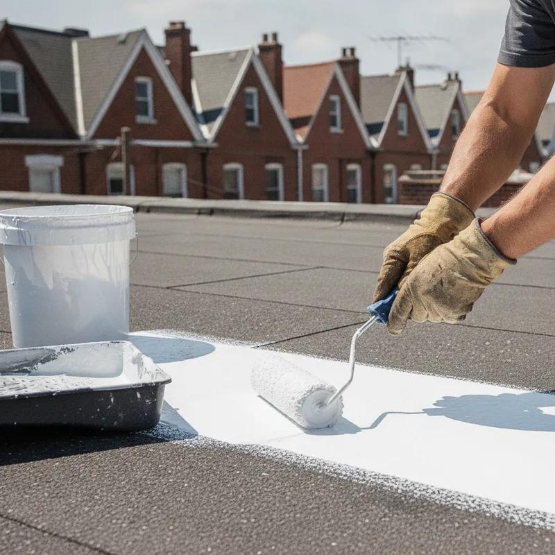 A roofing contractor applying white reflective elastomeric coating to a flat row home roof in Philadelphia on a sunny summer morning