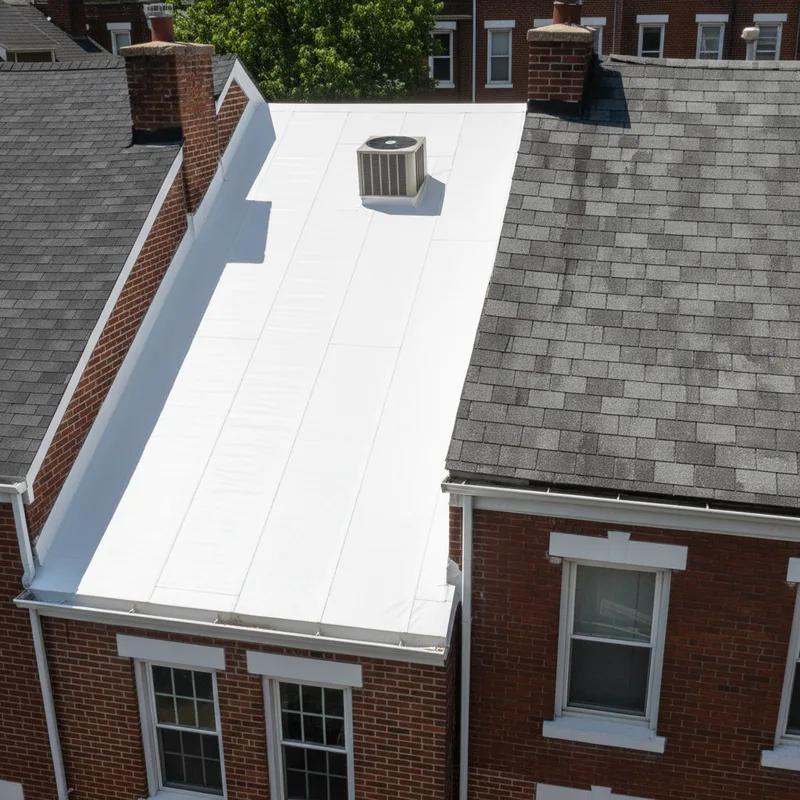 Philadelphia Department of Licenses and Inspections building exterior with a homeowner and roofing contractor reviewing permit documents on a tablet