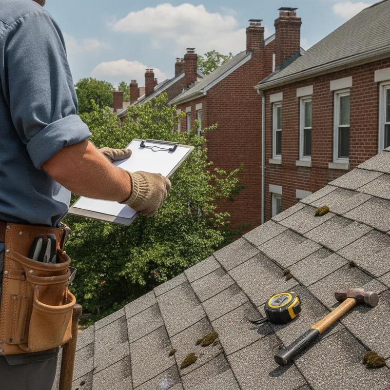 A licensed Philadelphia roofing contractor in a company-branded shirt reviewing a written roofing estimate with a homeowner on a row home front stoop