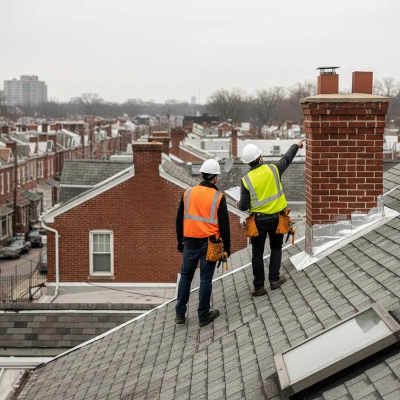 A local contractor discussing repair plans with a Philadelphia homeowner in front of a row home.