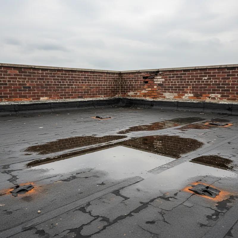 A Philadelphia rowhouse with a flat roof showing visible weathering and cracking on the membrane surface, with the city skyline visible in the background