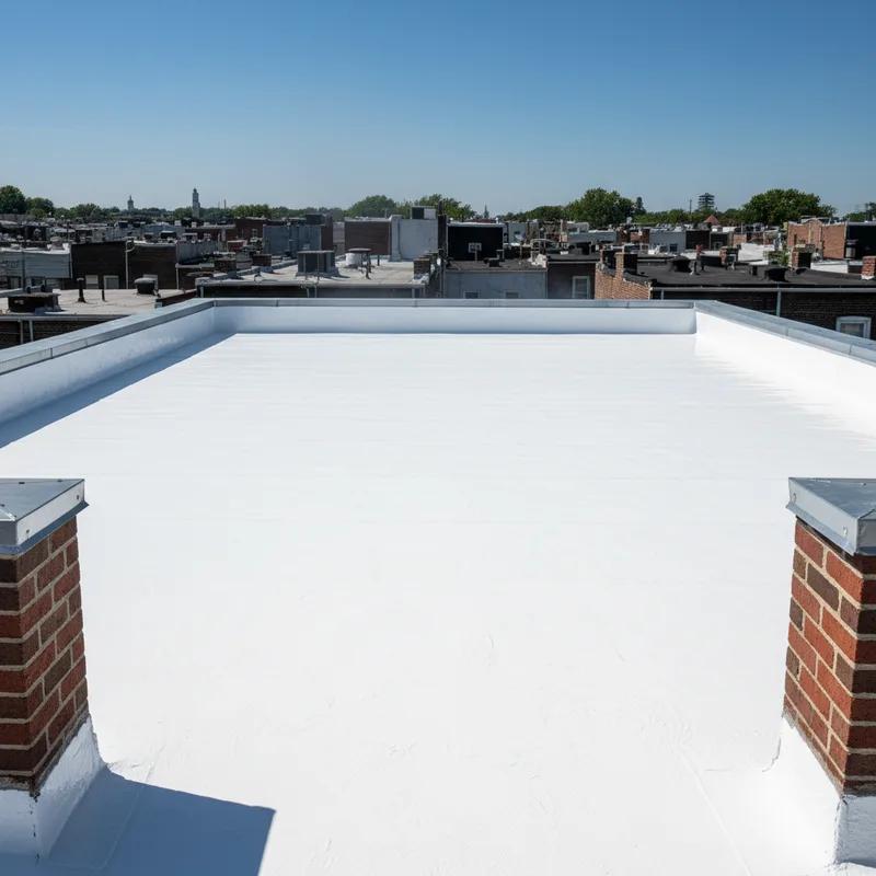 A homeowner in a Philadelphia rowhouse neighborhood watching a contractor apply bright white acrylic coating to a flat roof on a sunny day, with similar rowhouses visible on the street