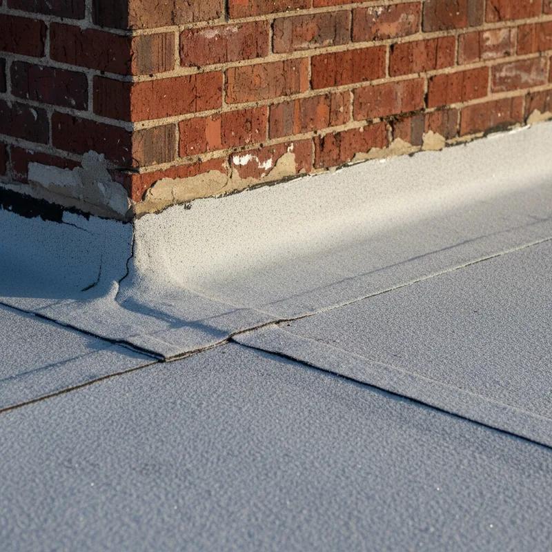 A roofing technician in safety gear applying gray elastomeric coating to a flat roof on a Philadelphia commercial building, with a temperature gauge visible showing cool fall weather conditions