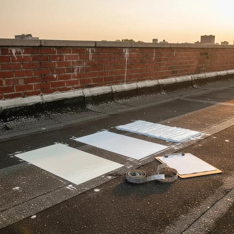 A side-by-side comparison photo showing three sections of flat roofing with different coating finishes — white acrylic, white silicone, and gray elastomeric — on adjacent Philadelphia rowhouse rooftops