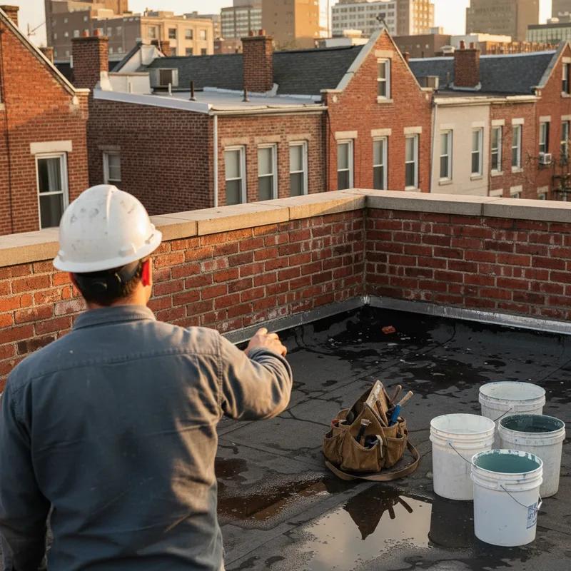 A Philadelphia homeowner reviewing a written roofing estimate with a licensed roofing contractor on the rooftop of a rowhouse, with a flat roof membrane and parapet wall visible behind them