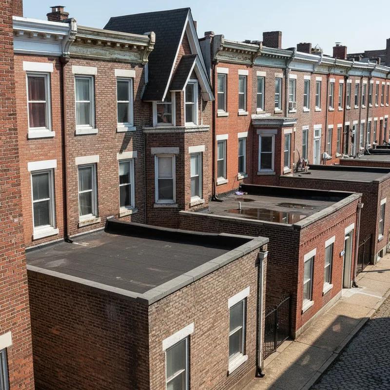 Aerial drone view of a dense Philadelphia row home block in South Philadelphia showing a mix of flat rear roofs and sloped front roofs in various states of condition