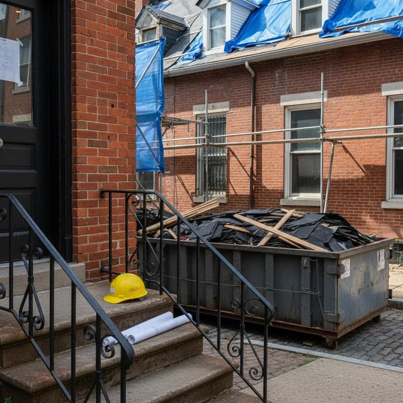 Philadelphia homeowner reviewing roofing permit documents with a licensed contractor on the front steps of a brick row home before a scheduled roof replacement