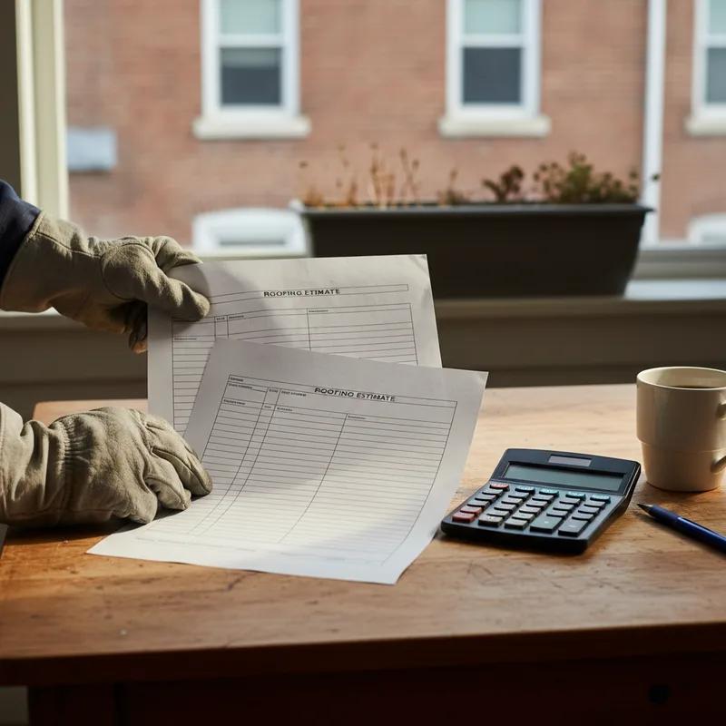Philadelphia homeowner sitting at a kitchen table comparing three printed roofing contractor estimates side by side with a pen and notepad, row home exterior visible through the window