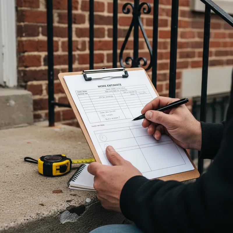A Philadelphia roofing contractor standing on a ladder inspecting a row home roof in a residential neighborhood while taking notes on a clipboard