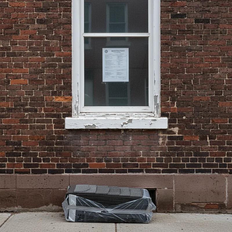 A close-up of a Philadelphia Department of Licenses and Inspections building permit posted in a window of a row home prior to roof replacement work beginning
