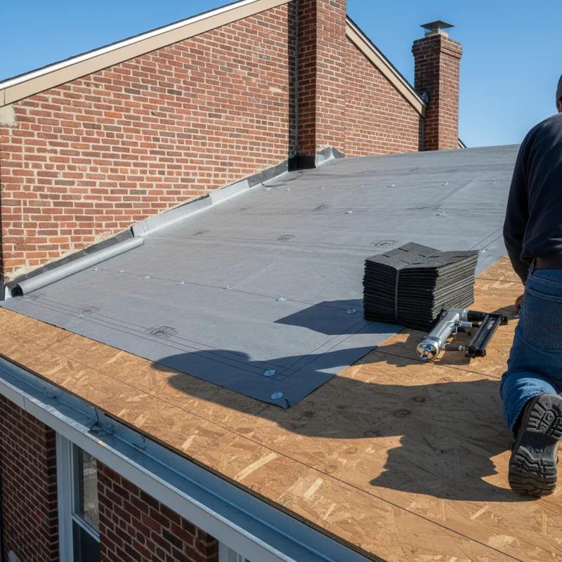 A roofing crew actively installing new asphalt shingles on a Philadelphia row home roof, with old shingles stripped and stacked in a dumpster visible on the street below