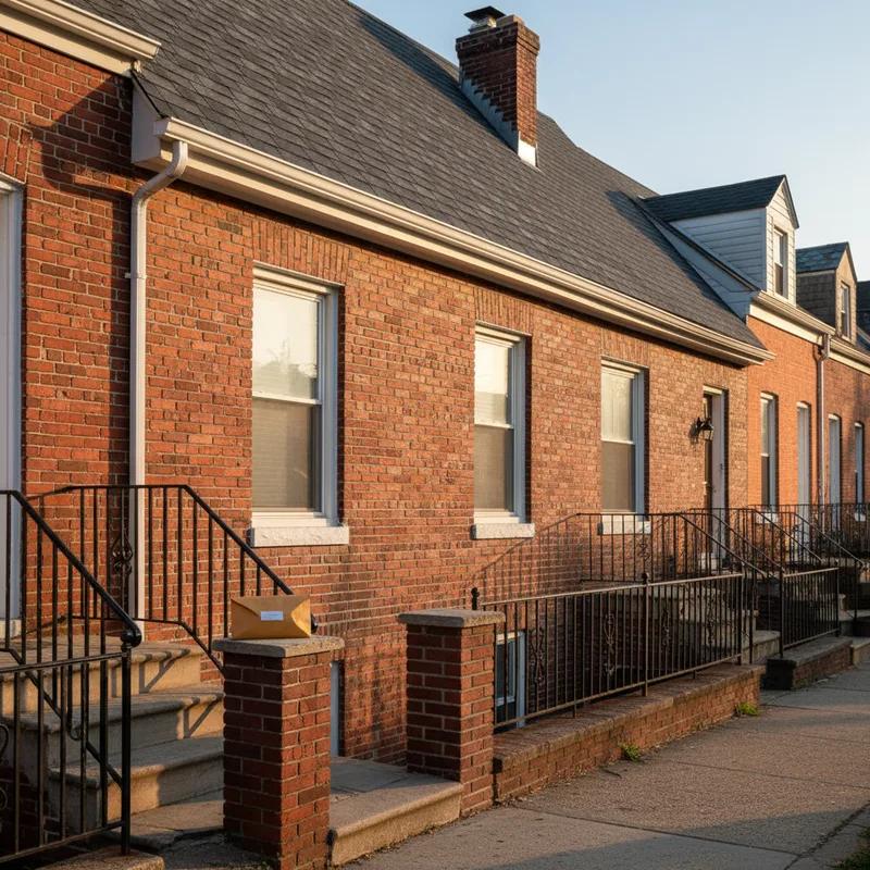 A newly completed asphalt shingle roof on a Philadelphia brick row home on a sunny day, with clean gutters and a tidy sidewalk visible, representing a successfully finished roof replacement project
