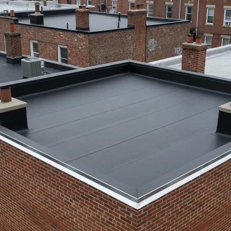 Aerial view of Philadelphia row home rooftops in South Philadelphia showing flat rubber EPDM roofs on attached brick row houses