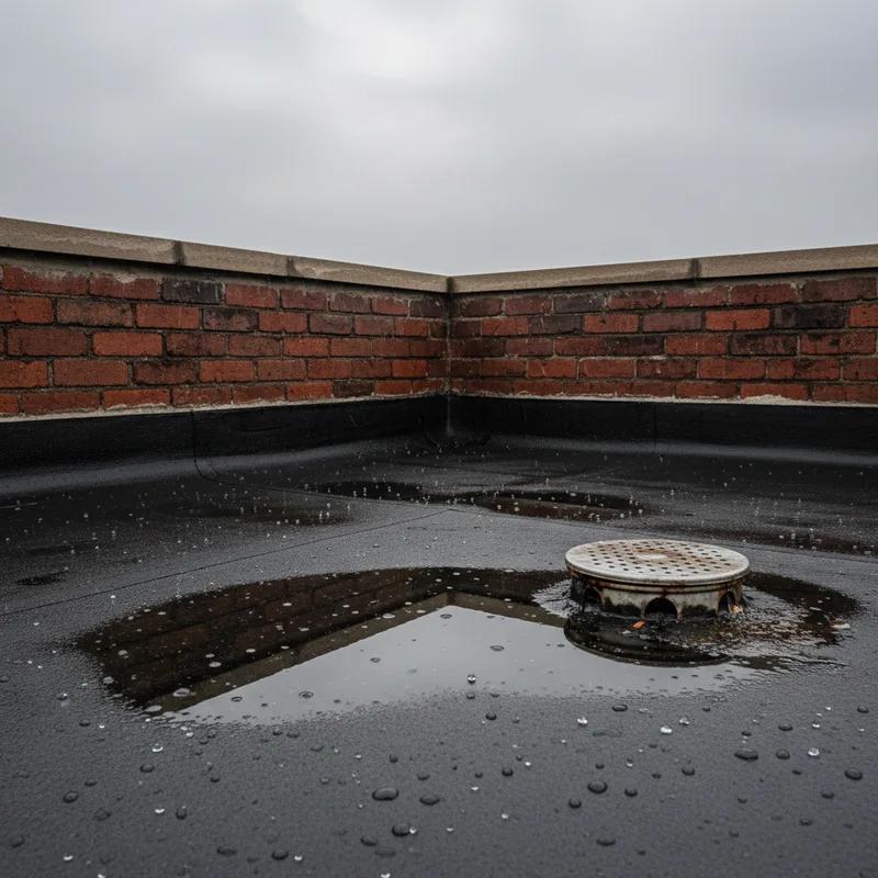 Close-up of a black EPDM rubber roof membrane on a Philadelphia row home after a winter snowstorm, showing snow sitting on the intact surface