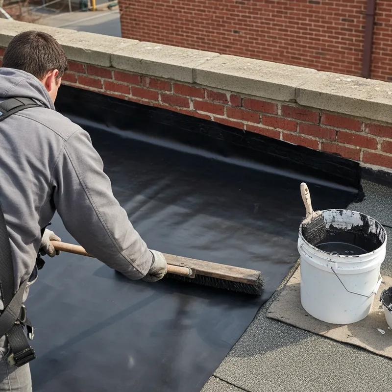 Roofing contractor rolling out black EPDM rubber membrane across a flat row home roof in Philadelphia, with adhesive visible on the roof deck