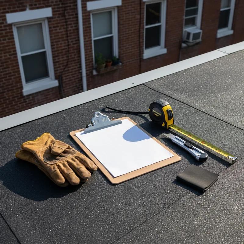 Philadelphia homeowner reviewing a written roofing estimate with a contractor on the front steps of a brick row home in West Philadelphia