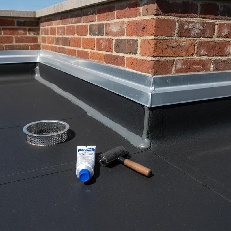 Homeowner clearing leaves and debris from a flat EPDM rubber roof drain on a Philadelphia row home during fall maintenance