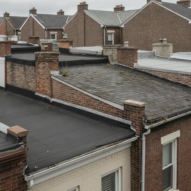 Aerial view of a dense Philadelphia row home neighborhood showing a mix of flat roofs and low-slope roofs in varying conditions, with the city skyline visible in the background