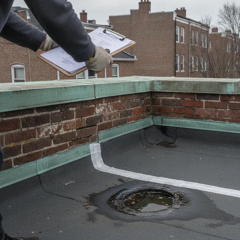 A licensed roofing contractor in a safety harness conducting a professional roof inspection on a Philadelphia row home, taking notes on a clipboard while examining the flat roof surface