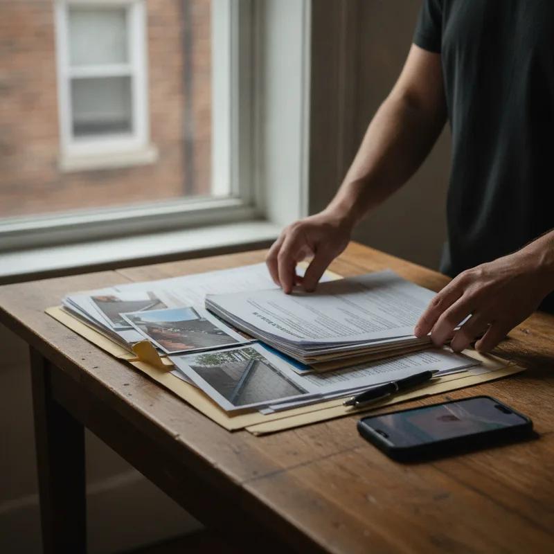 A frustrated Philadelphia homeowner on the phone with an insurance company while reviewing a claim denial letter at their dining room table, storm-damaged roof visible through the window