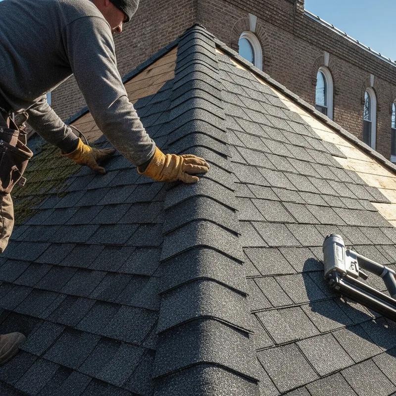 A Philadelphia homeowner and a licensed roofing contractor reviewing a maintenance checklist together on the front steps of a brick row home, with roofing materials and tools visible nearby