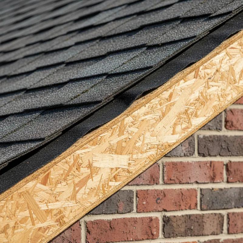 Close-up of an exposed plywood roof deck on a Philadelphia row home during a reroof, showing the wooden sheathing panels nailed to rafters before new shingles are installed