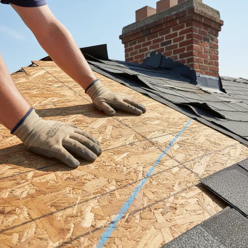 A roofing contractor kneeling on an exposed roof deck in Philadelphia, pressing down to test for soft spots and rot after stripping old shingles, with damaged OSB board visible nearby